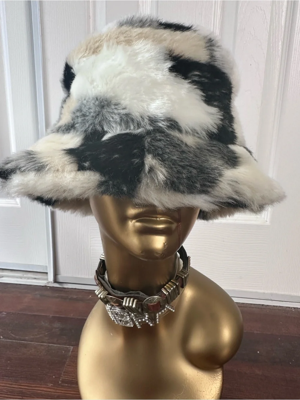 Faux Fur Bucket Hat in Black, White & Gray - Women's Accessory